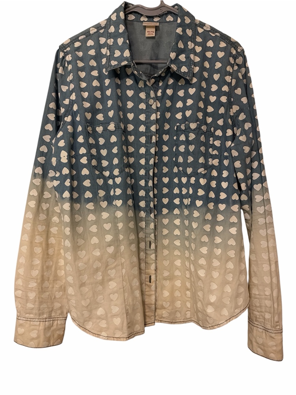 Mossimo Heart Print Ombre Denim/Cotton ButtonUp Shirt XXL TwoTone Blue to Cream